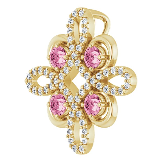 14K Gold Round Natural Pink Tourmaline Clover Necklace or Pendant - Yellow Gold - view 5