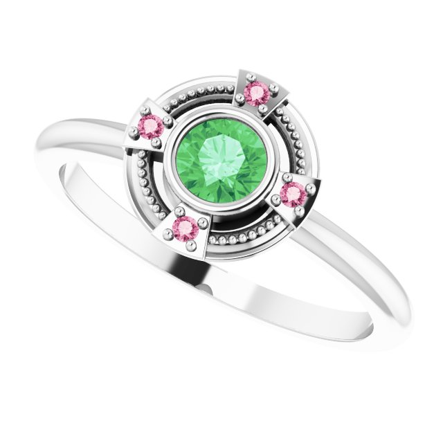 14K Gold Round Natural Tsavorite Garnet & Natural Pink Tourmaline Compass Ring - White Gold - view 5