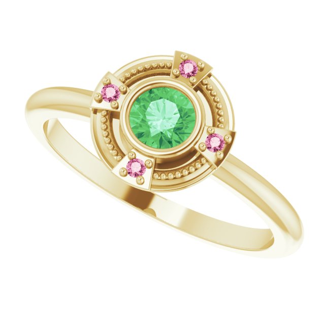 14K Gold Round Natural Tsavorite Garnet & Natural Pink Tourmaline Compass Ring - Yellow Gold - view 5