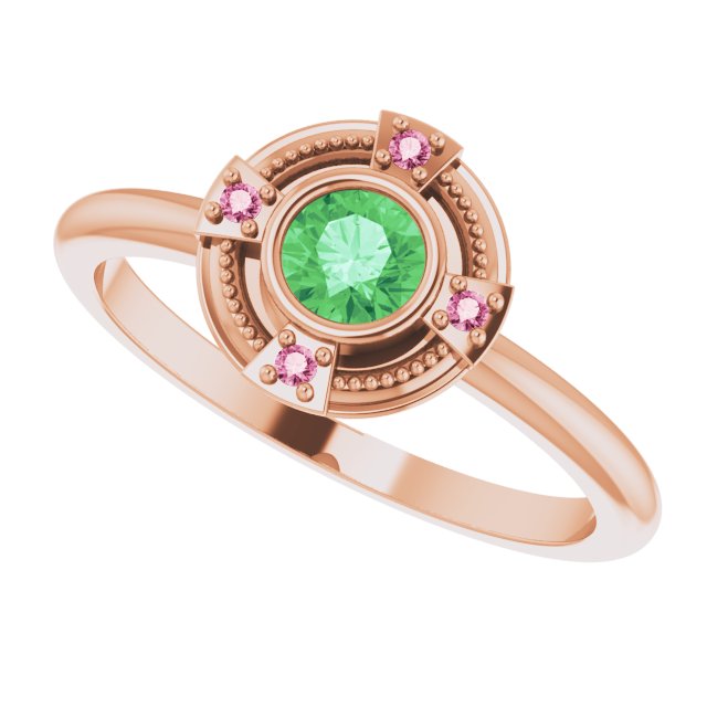 14K Gold Round Natural Tsavorite Garnet & Natural Pink Tourmaline Compass Ring - Rose Gold - view 5