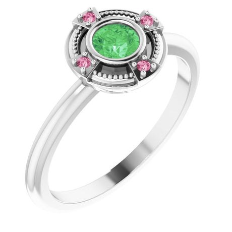 Platinum Round Natural Tsavorite Garnet & Natural Pink Tourmaline Compass Ring