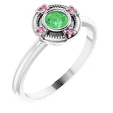 14K Gold Round Natural Tsavorite Garnet & Natural Pink Tourmaline Compass Ring - White Gold