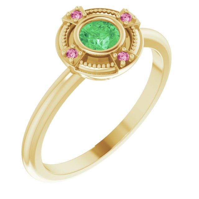14K Gold Round Natural Tsavorite Garnet & Natural Pink Tourmaline Compass Ring - Yellow Gold
