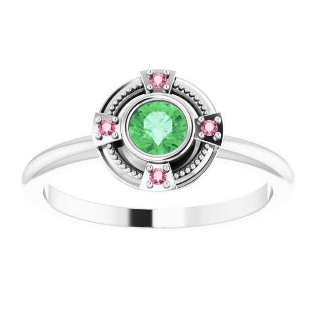 14K Gold Round Natural Tsavorite Garnet & Natural Pink Tourmaline Compass Ring - White Gold - view 3