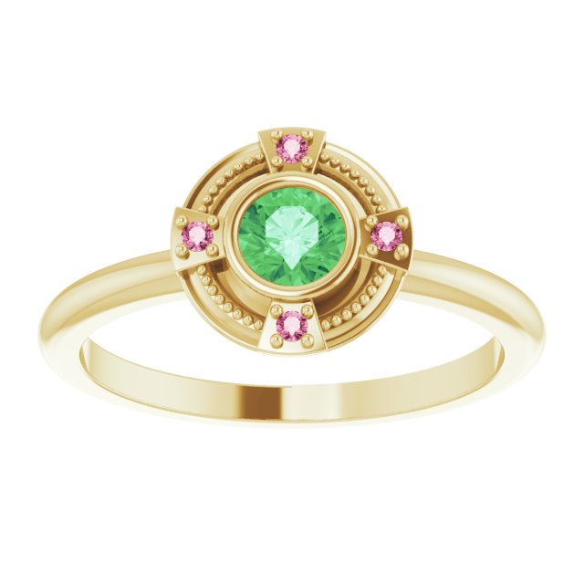 14K Gold Round Natural Tsavorite Garnet & Natural Pink Tourmaline Compass Ring - Yellow Gold - view 3