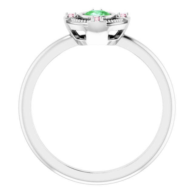 14K Gold Round Natural Tsavorite Garnet & Natural Pink Tourmaline Compass Ring - White Gold - view 2