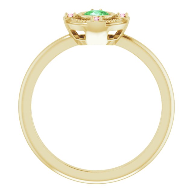 14K Gold Round Natural Tsavorite Garnet & Natural Pink Tourmaline Compass Ring - Yellow Gold - view 2