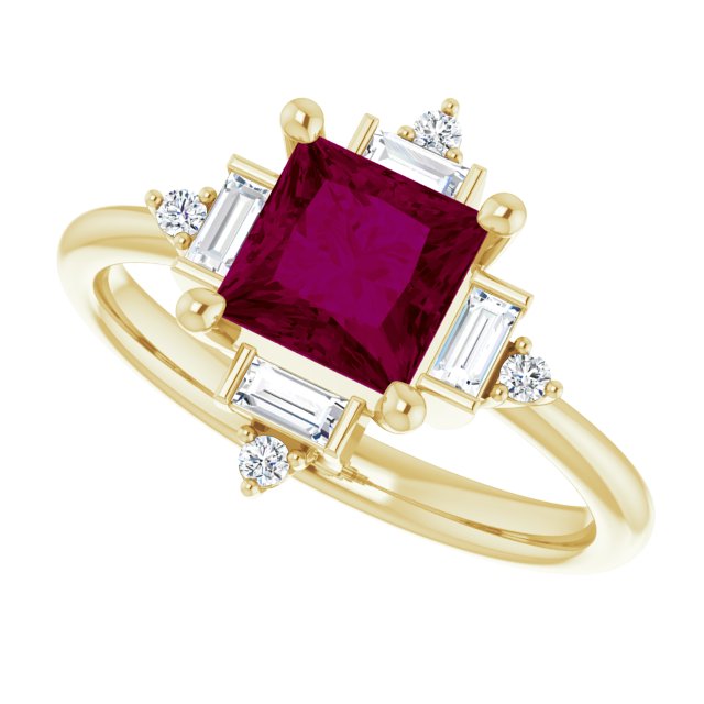 14K Gold Square Natural Rhodolite Garnet & Natural Diamond Geometric Ring - Yellow Gold - view 5