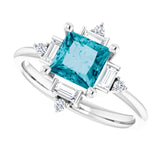 14K Gold Square Natural London Blue Topaz & Natural Diamond Geometric Ring - White Gold - view 5