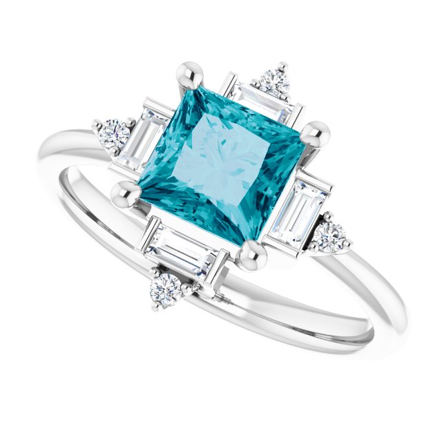 14K Gold Square Natural London Blue Topaz & Natural Diamond Geometric Ring - White Gold - view 5