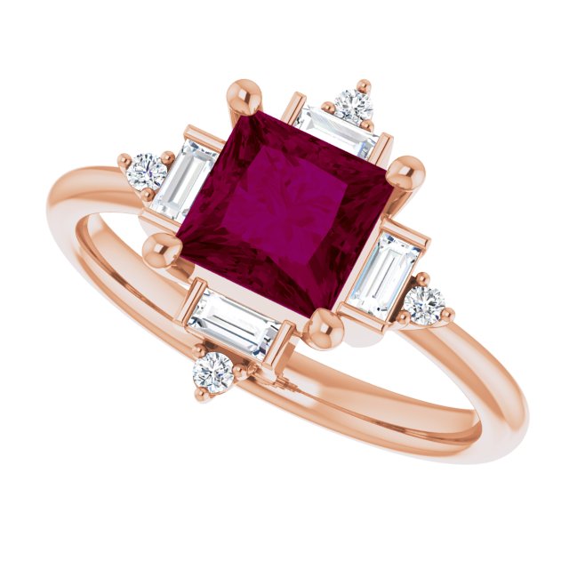 14K Gold Square Natural Rhodolite Garnet & Natural Diamond Geometric Ring - Rose Gold - view 5