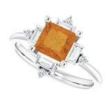 14K Gold Square Natural Citrine & Natural Diamond Geometric Ring - White Gold - view 5