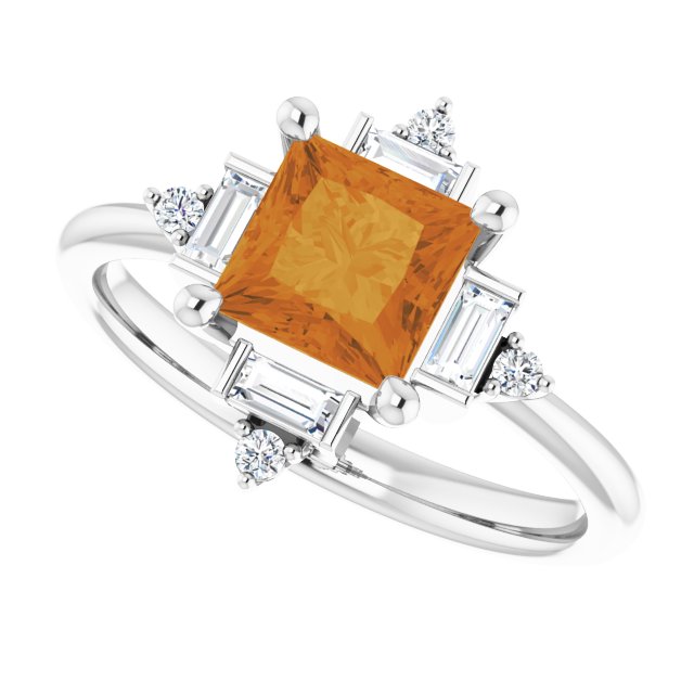 Platinum Square Natural Citrine & Natural Diamond Geometric Ring - view 5