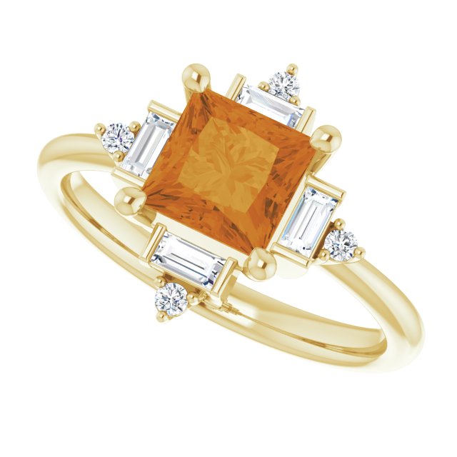 14K Gold Square Natural Citrine & Natural Diamond Geometric Ring - Yellow Gold - view 5