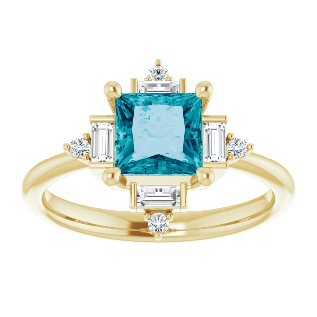 14K Gold Square Natural London Blue Topaz & Natural Diamond Geometric Ring - Yellow Gold - view 3
