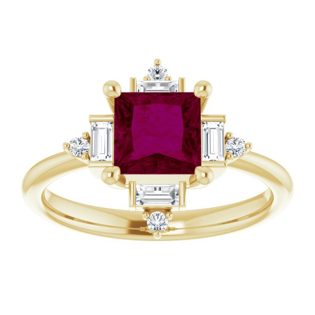 14K Gold Square Natural Rhodolite Garnet & Natural Diamond Geometric Ring - Yellow Gold - view 3