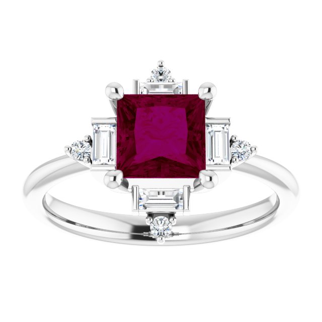 14K Gold Square Natural Rhodolite Garnet & Natural Diamond Geometric Ring - White Gold - view 3