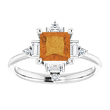 14K Gold Square Natural Citrine & Natural Diamond Geometric Ring - White Gold - view 3
