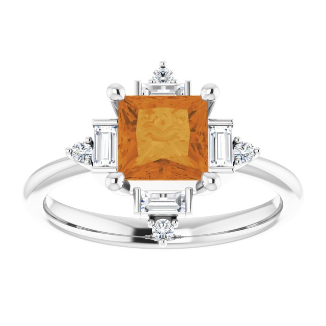 14K Gold Square Natural Citrine & Natural Diamond Geometric Ring - White Gold - view 3