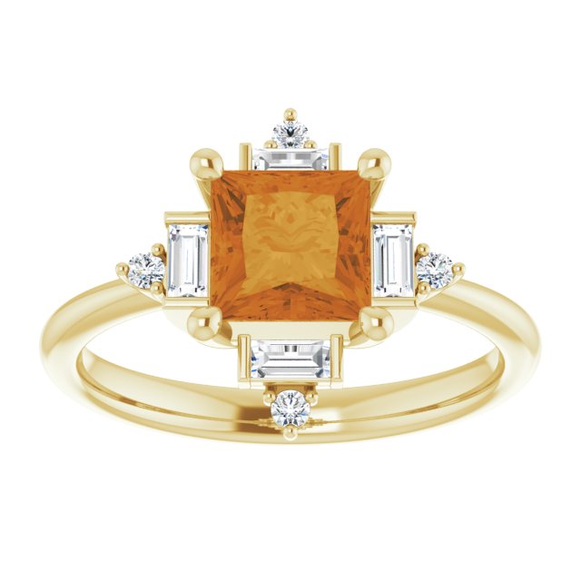 14K Gold Square Natural Citrine & Natural Diamond Geometric Ring - Yellow Gold - view 3