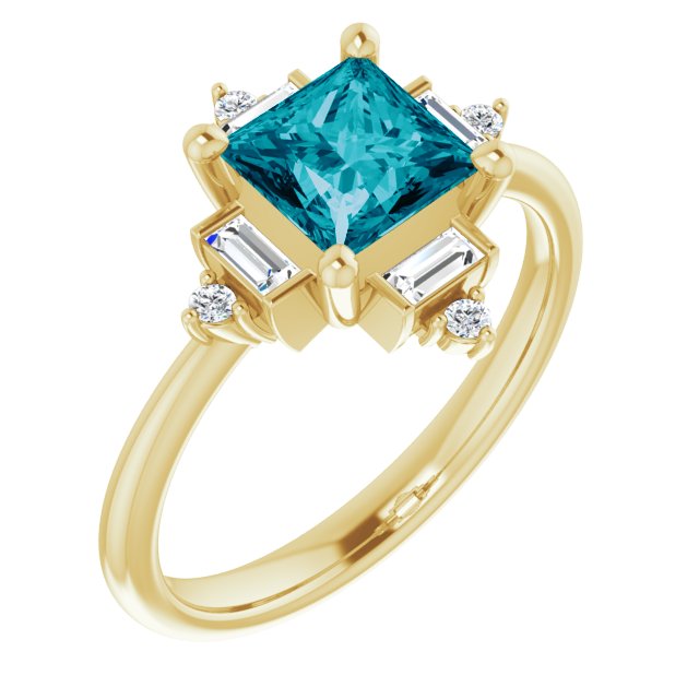 14K Gold Square Natural London Blue Topaz & Natural Diamond Geometric Ring - Yellow Gold