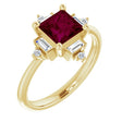 14K Gold Square Natural Rhodolite Garnet & Natural Diamond Geometric Ring - Yellow Gold