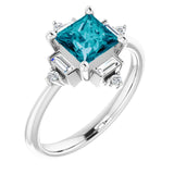 14K Gold Square Natural London Blue Topaz & Natural Diamond Geometric Ring - White Gold