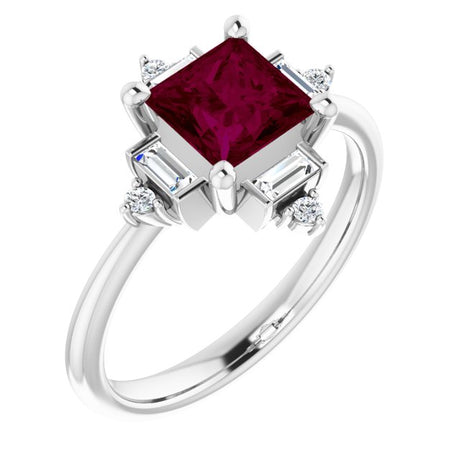 Platinum Square Natural Rhodolite Garnet & Natural Diamond Geometric Ring