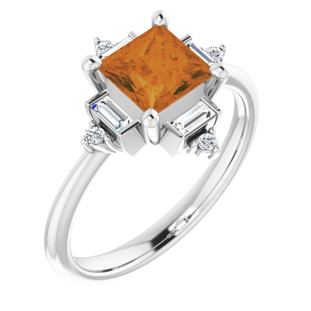 Platinum Square Natural Citrine & Natural Diamond Geometric Ring