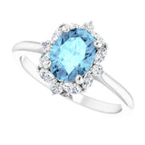 Platinum Oval Natural Aquamarine & Natural Diamond Halo-Style Ring – 8mm Stones - view 5
