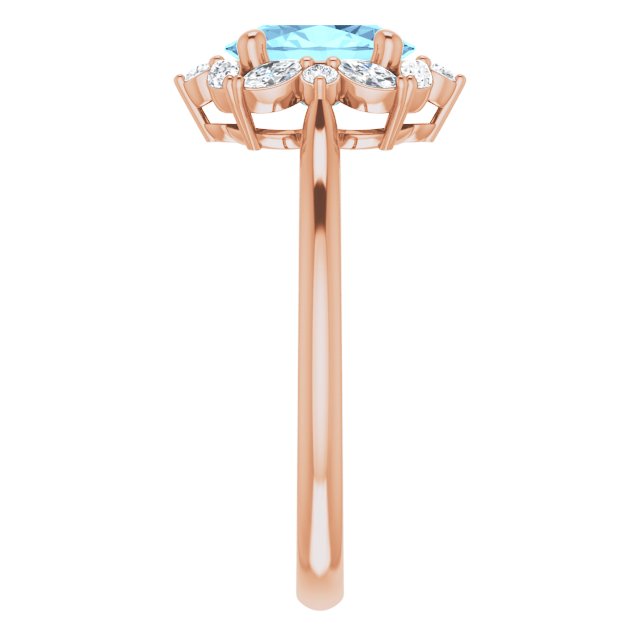 14K Gold Oval Natural Aquamarine & Natural Diamond Halo-Style Ring – 8mm Stones - Rose Gold - view 4