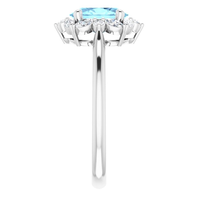Platinum Oval Natural Aquamarine & Natural Diamond Halo-Style Ring – 8mm Stones - view 4