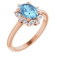 14K Gold Oval Natural Aquamarine & Natural Diamond Halo-Style Ring – 8mm Stones - Rose Gold
