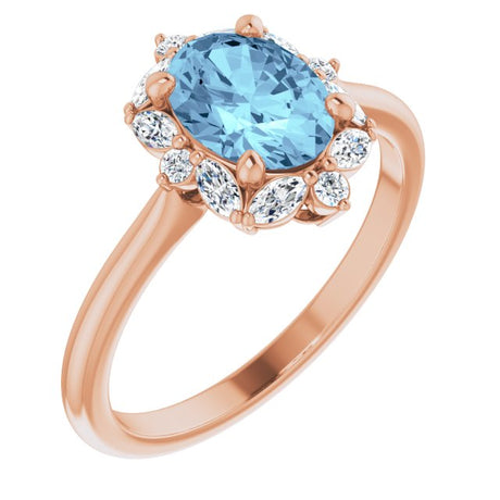 14K Gold Oval Natural Aquamarine & Natural Diamond Halo-Style Ring – 8mm Stones - Rose Gold