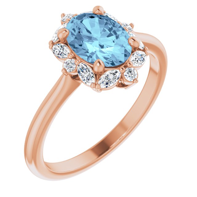 14K Gold Oval Natural Aquamarine & Natural Diamond Halo-Style Ring – 8mm Stones - Rose Gold