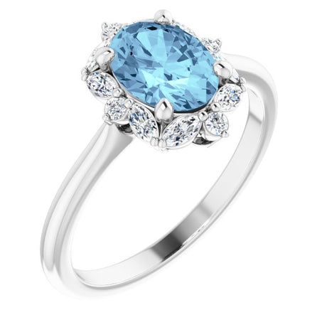 Platinum Oval Natural Aquamarine & Natural Diamond Halo-Style Ring – 8mm Stones