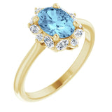 14K Gold Oval Natural Aquamarine & Natural Diamond Halo-Style Ring – 8mm Stones - Yellow Gold