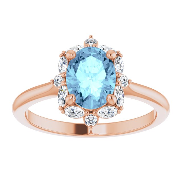 14K Gold Oval Natural Aquamarine & Natural Diamond Halo-Style Ring – 8mm Stones - Rose Gold - view 3