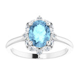 Platinum Oval Natural Aquamarine & Natural Diamond Halo-Style Ring – 8mm Stones - view 3