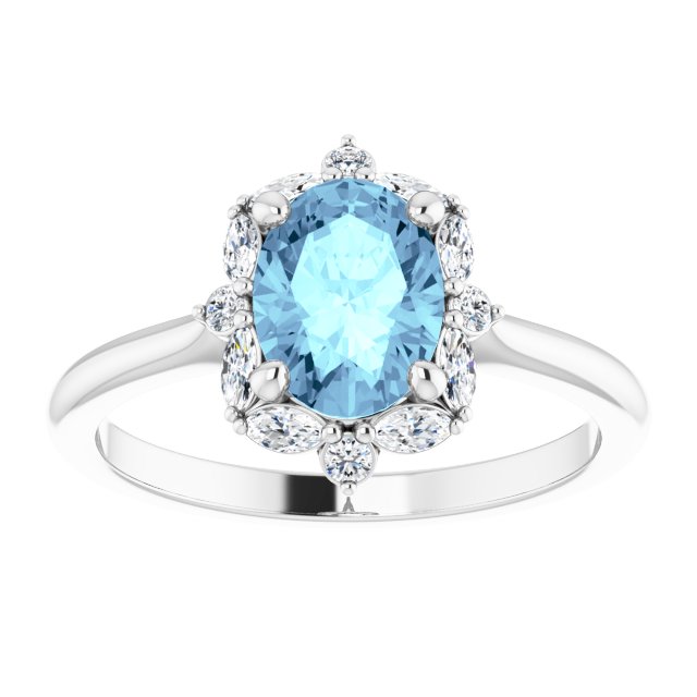 14K Gold Oval Natural Aquamarine & Natural Diamond Halo-Style Ring – 8mm Stones - White Gold - view 3