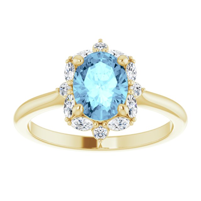 14K Gold Oval Natural Aquamarine & Natural Diamond Halo-Style Ring – 8mm Stones - Yellow Gold - view 3