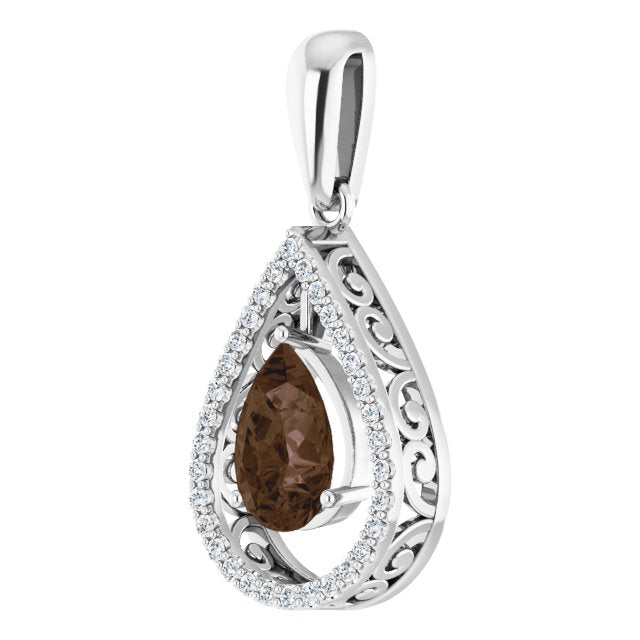 14K Gold Pear Natural Smoky Quartz & Natural Diamond Halo-Style Pendant - view 2