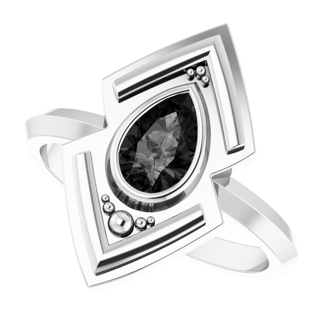 14K Gold Pear Natural Black Onyx Bezel-Set Geometric Ring - White Gold - view 5