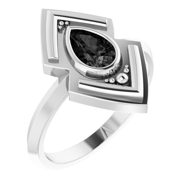 Platinum Pear Natural Black Onyx Bezel-Set Geometric Ring
