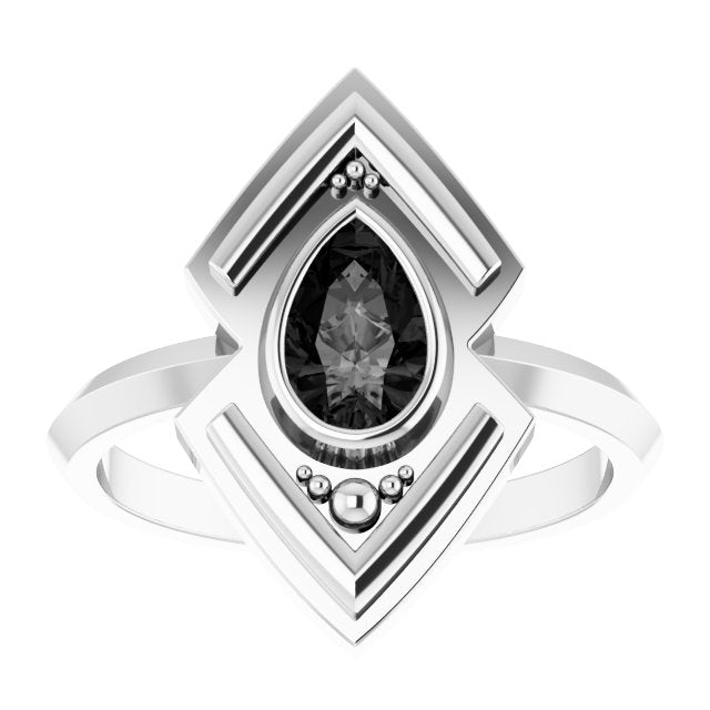14K Gold Pear Natural Black Onyx Bezel-Set Geometric Ring - White Gold - view 3