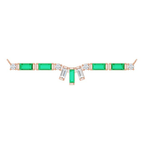 14K Gold Straight Baguette Natural Emerald & Natural Diamond Baguette Bar Necklace - Rose Gold