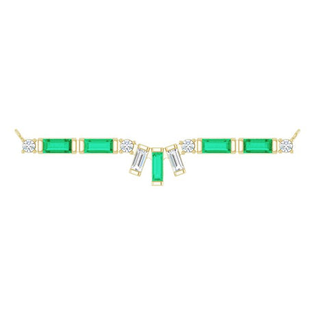 14K Gold Straight Baguette Natural Emerald & Natural Diamond Baguette Bar Necklace - Yellow Gold