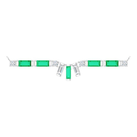 14K Gold Straight Baguette Natural Emerald & Natural Diamond Baguette Bar Necklace - White Gold