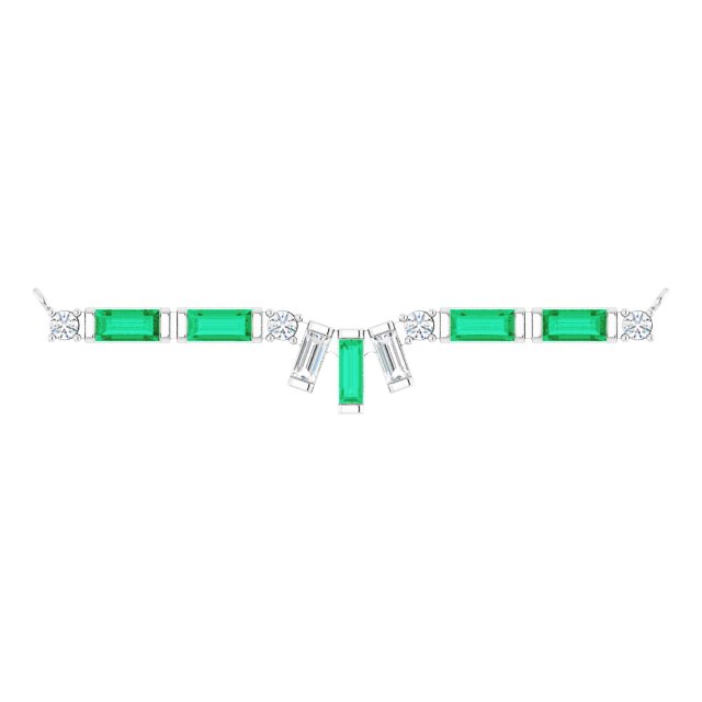 14K Gold Straight Baguette Natural Emerald & Natural Diamond Baguette Bar Necklace - White Gold