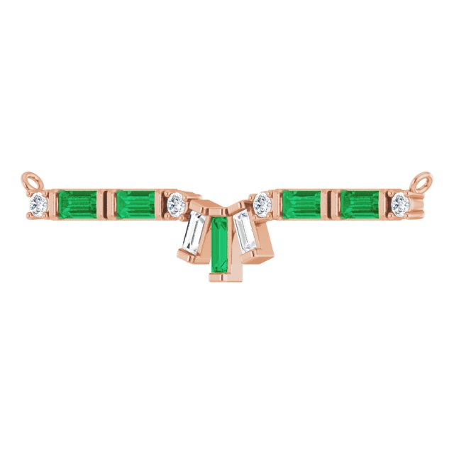 14K Gold Straight Baguette Natural Emerald & Natural Diamond Baguette Bar Necklace - Rose Gold - view 2